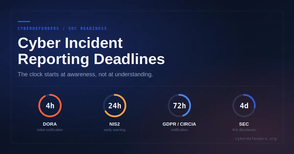 Countdown clock over a security operations center, illustrating cyber incident reporting deadlines