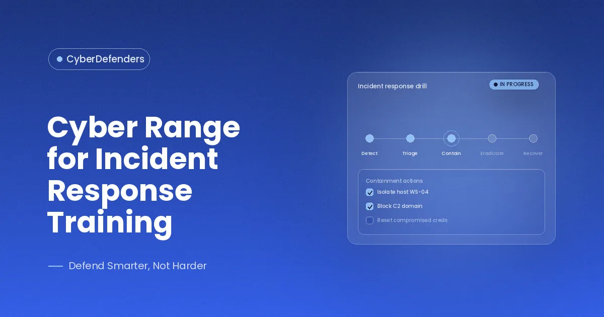 CyberDefenders blog cover: "Cyber Range for Incident Response Training" with an IR drill timeline and containment checklist.