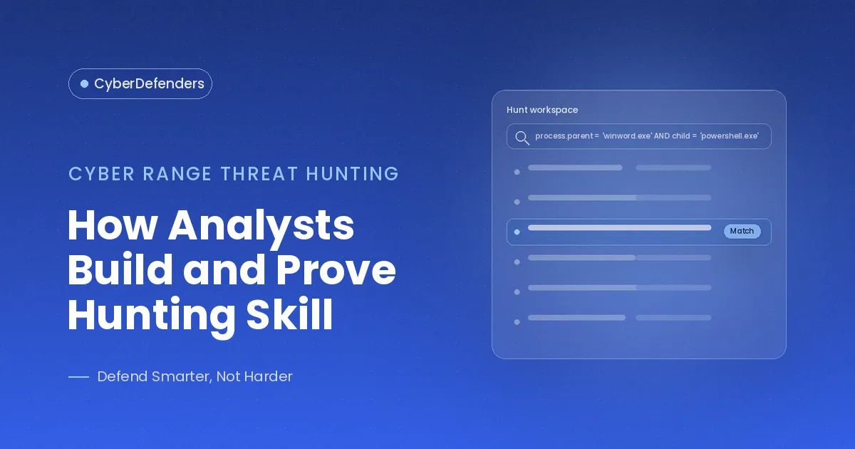 CyberDefenders blog cover: "How Analysts Build and Prove Hunting Skill" with a hunt query returning a match.